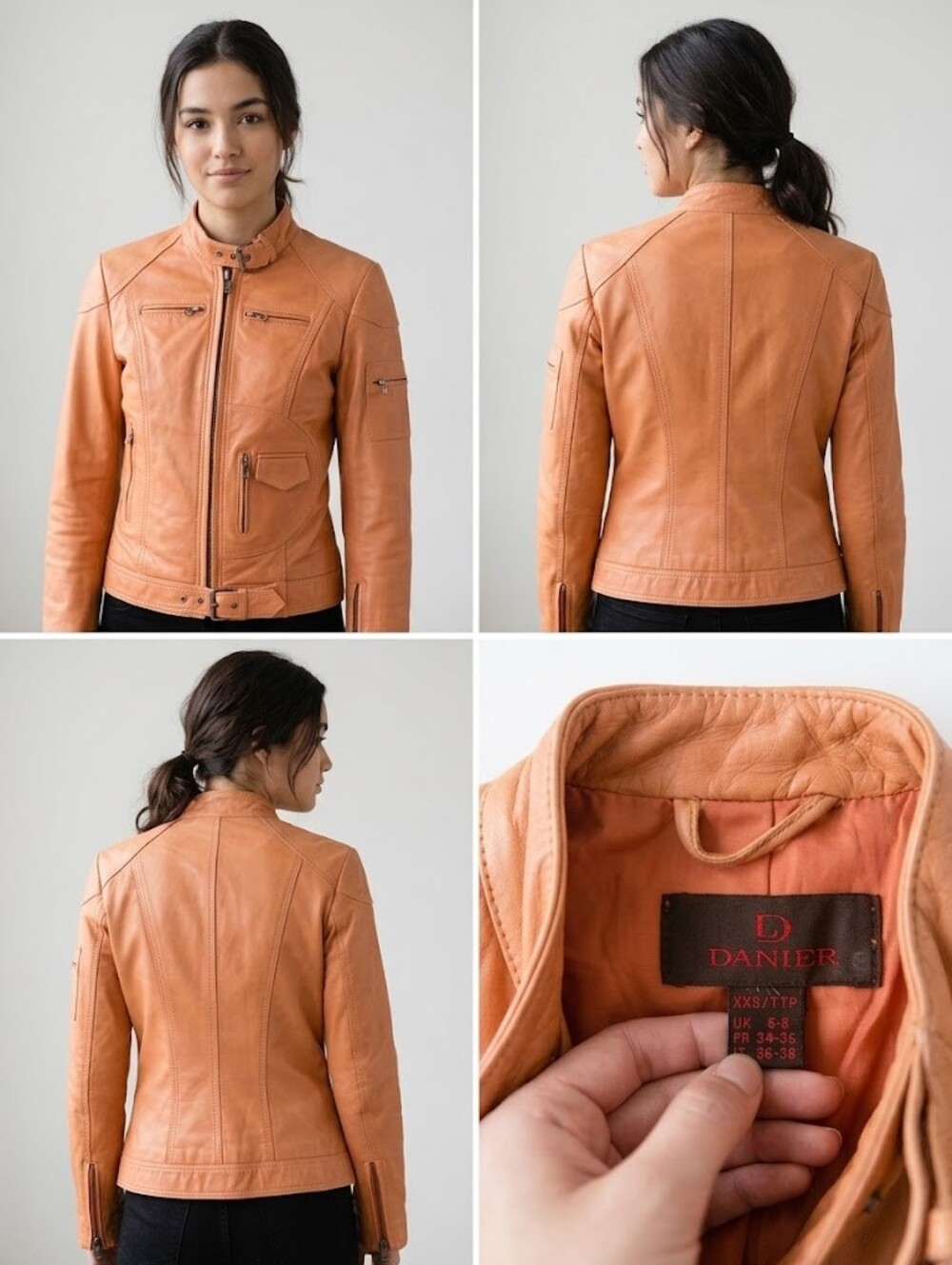 DANIER Genuine Leather Moto Jacket Tan Cognac Biker Belted Coat XXS